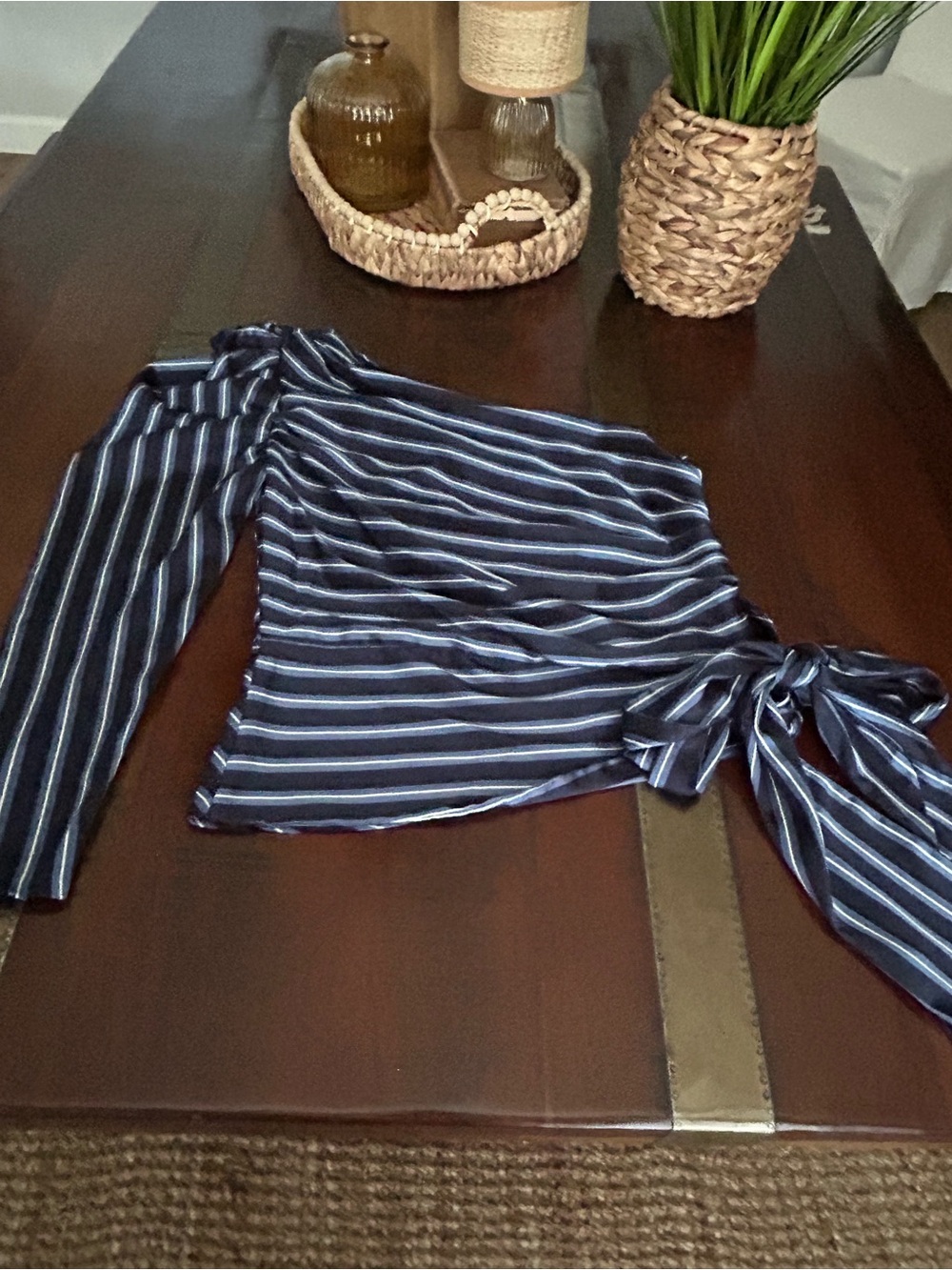 White House Black Market Navy and White Striped One-Shoulder Tie-Waist Top